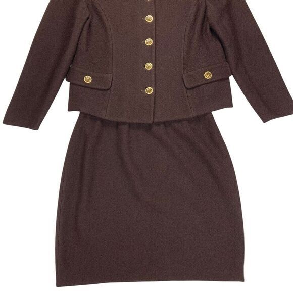 St. John 2 Pc Skirt Jacket Set Women 12 Brown Gold Button Luxury Elegant Dressy - Picture 3 of 15